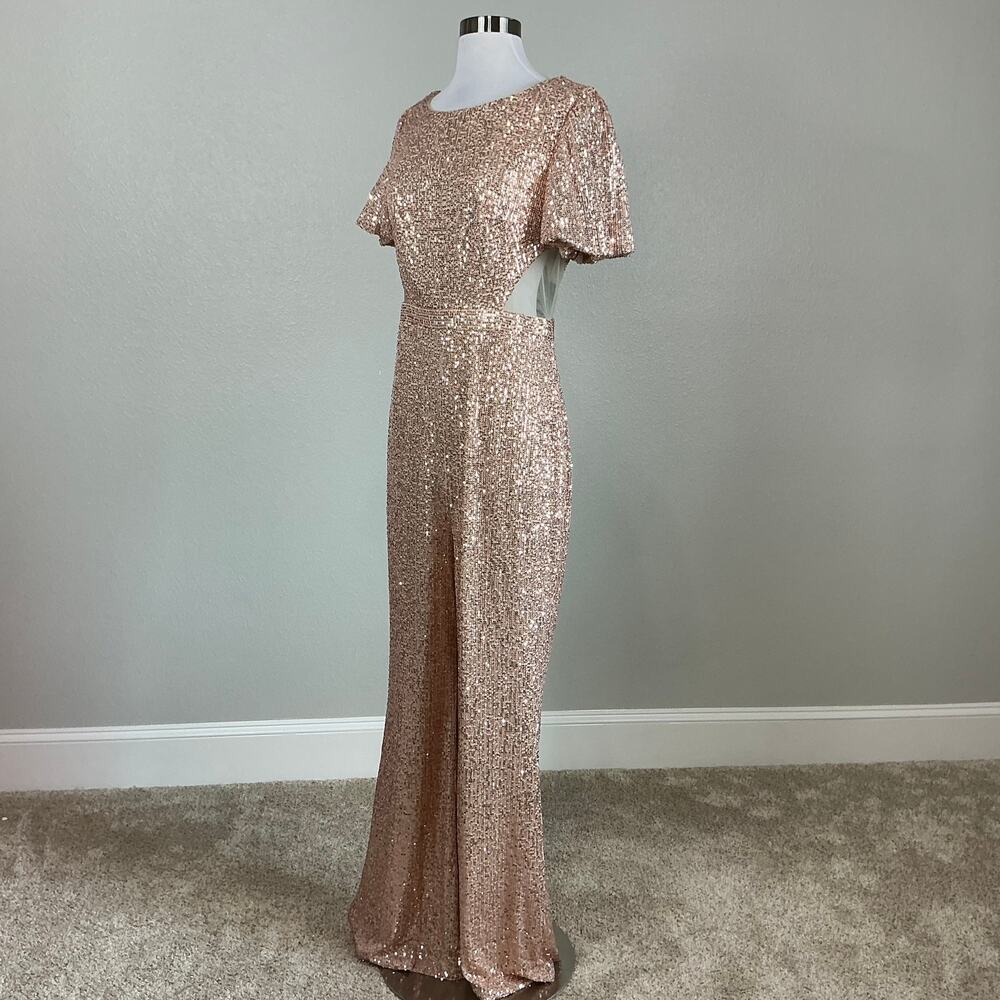 Mac Duggal 11273 Sequined Cut Out Flared Wide Leg Jumpsuit Size 6 Rose Gold - Picture 5 of 12